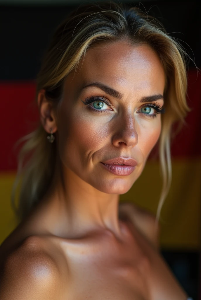 Beautiful mature woman 45 years old, wrinkles on the face, detailed face and texture, From Germany, looks into the frame, sexy, languid face, bright blue eyes, sexual makeup, germany flag on head background, belt, super nude bra, strapless bra