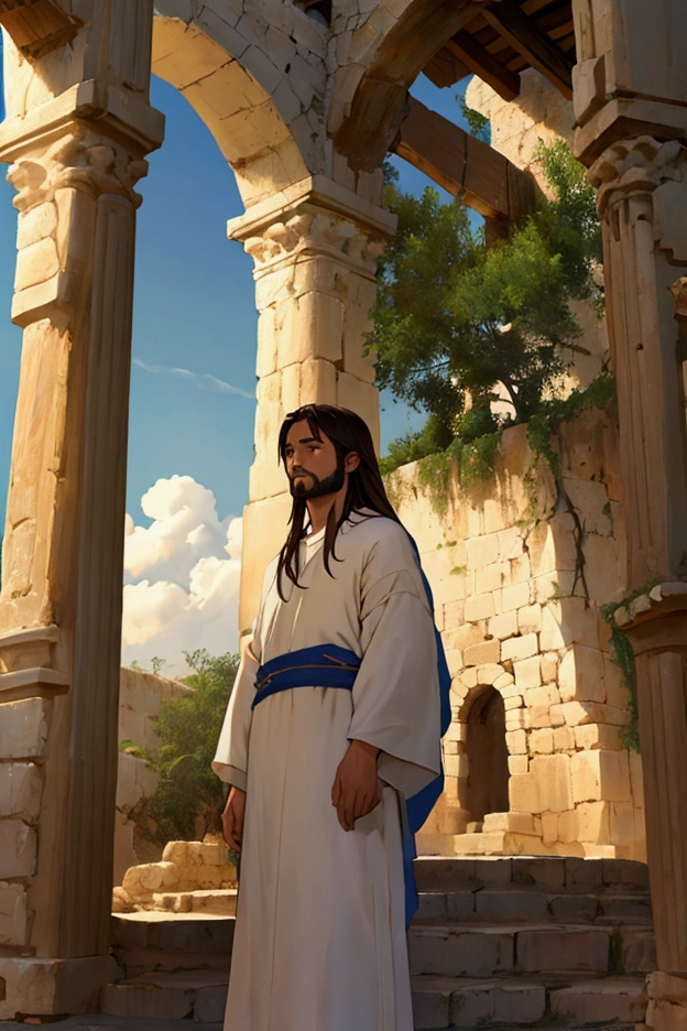 Jesus Christ、Galilee 2000 years ago、male、2000 year old linen clothing、Staring at the sky、Looks lonely