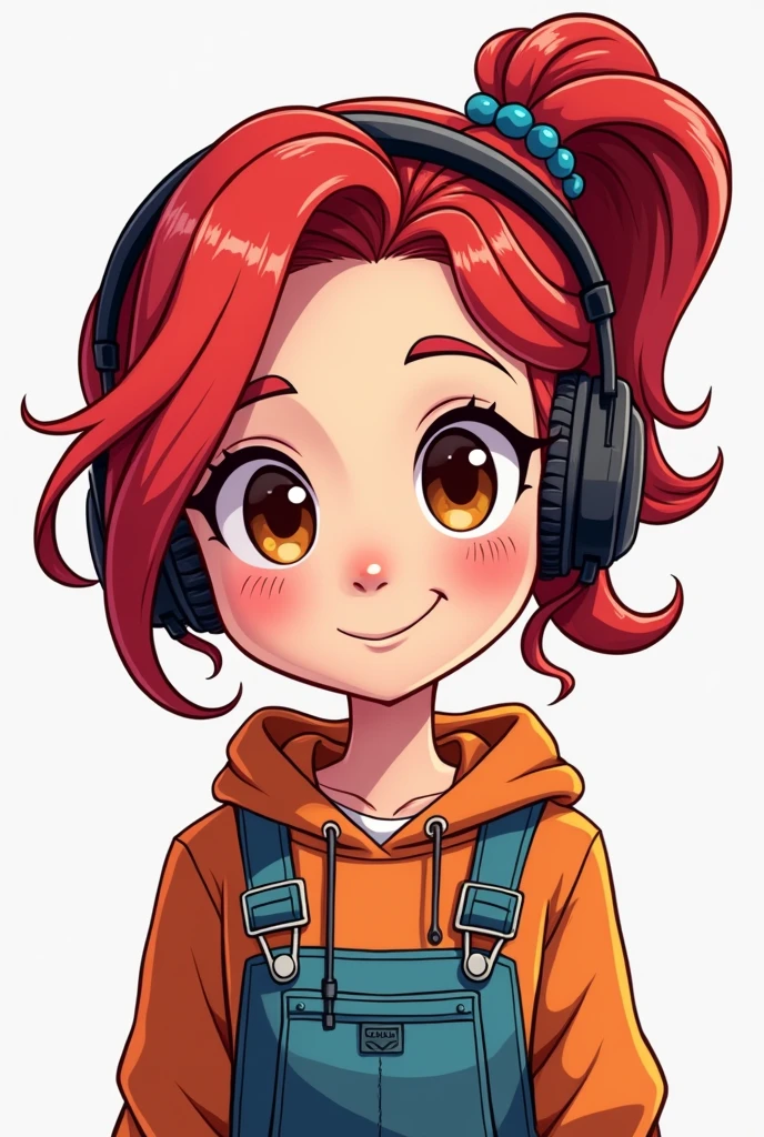Avatar for a YouTube channel in the style of Julia Minergrlil, but change it because the van is red and the clothes are colorful. I want a cartoon style drawing, the hair style and tied on both sides, and she's a gamer with red hair and taller, wearing colorful clothes. Put her with gamer headphones and hair tied on both sides. Make her eyes brown like a cartoon and another pose smiling.