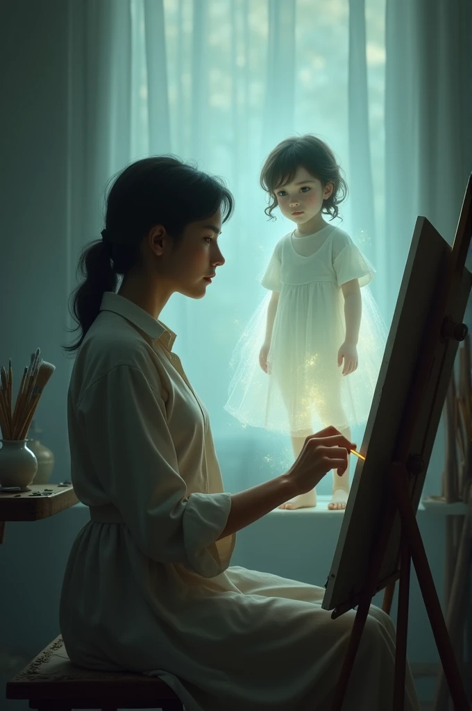 An artist with his child image behind him in spirit form