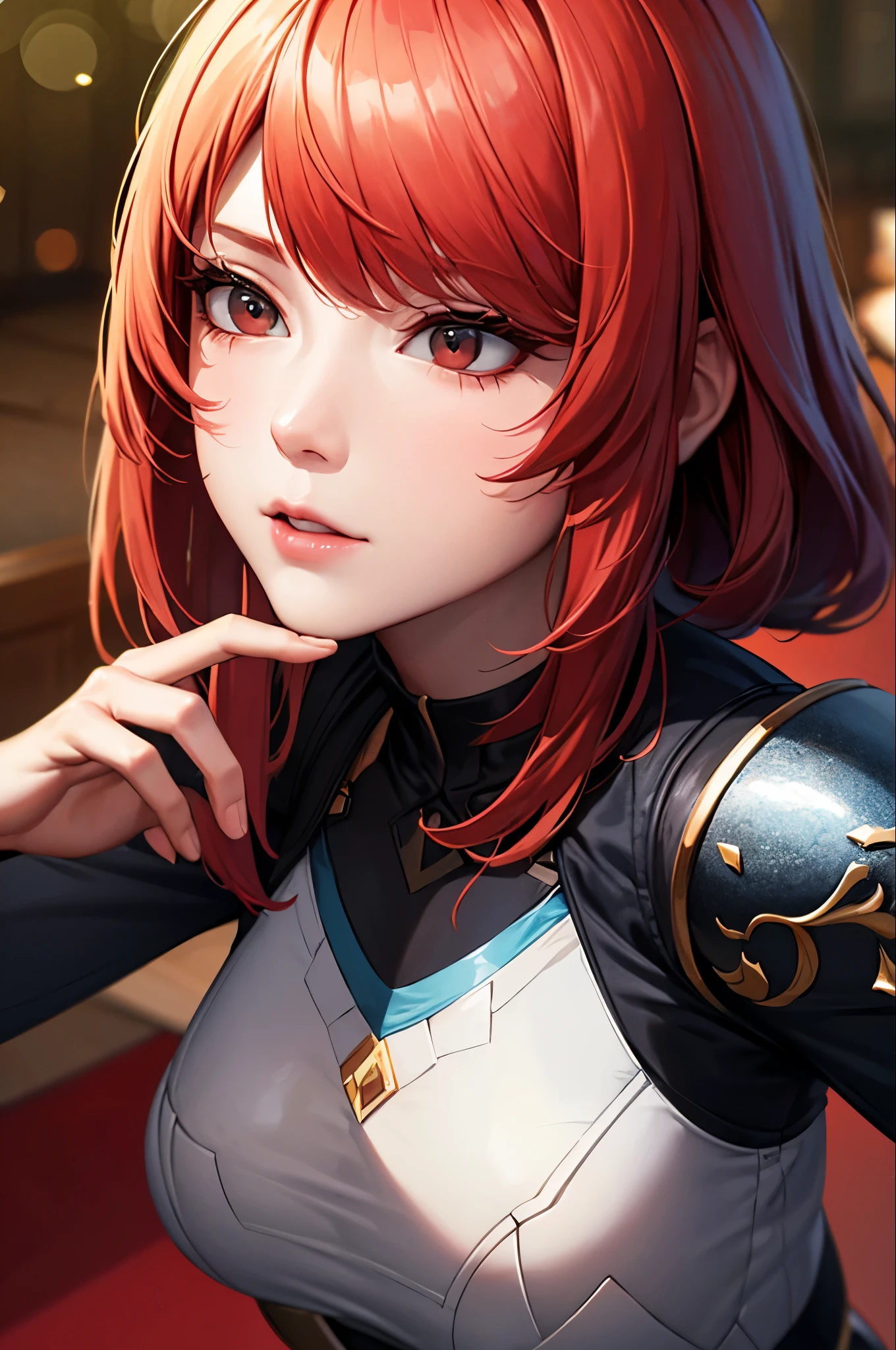 ((masterpiece)), ((best quality)), perfect detailed eyes, perfect detailed face, ultra-detailed nose, red hair, messy hair, sidelocks, braided bun, knight, Armor, cleavage, shoulder pads, Cat ears headband, whole body