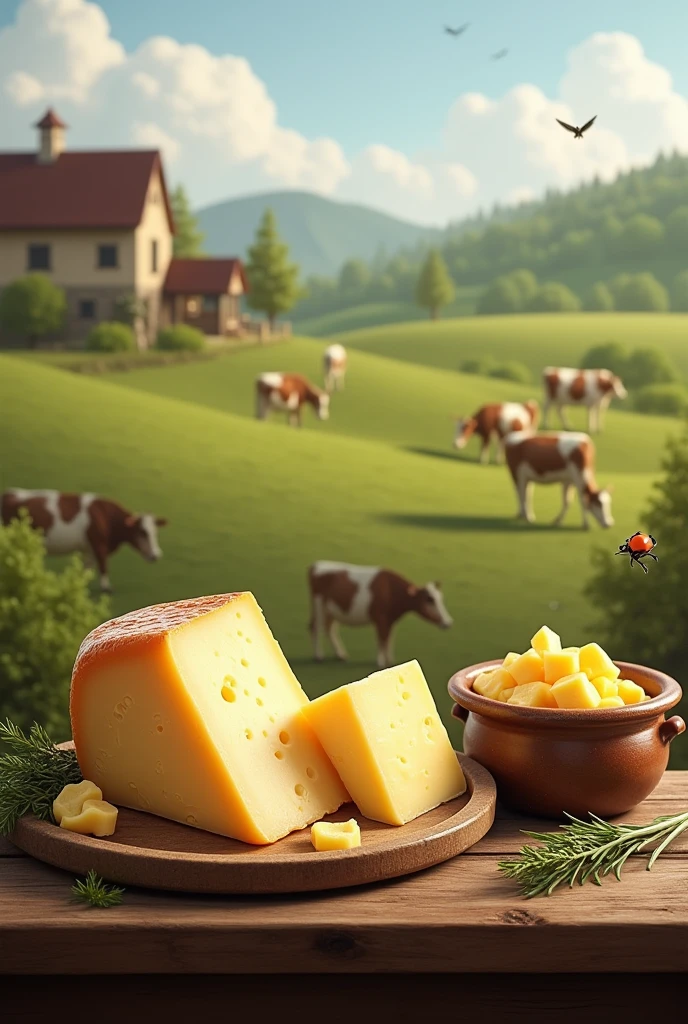 packaging of Minas cheese and homemade butter, with a farm and cows in the background