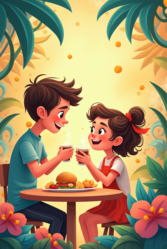 A girl eating a fish with her father beside her.make it cartoon style with colorful backgroun.
