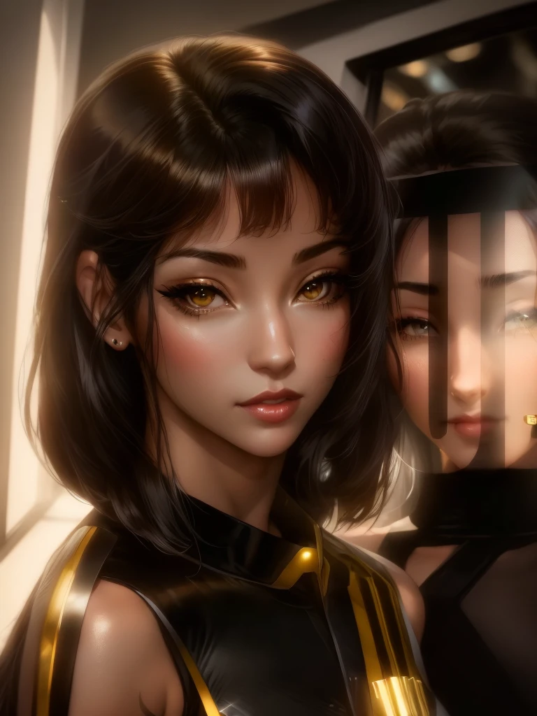 arafed image of a sexy couple posing together in a window, seductive tifa lockhart portrait, tifa, tifa lockhart, tifa lockheart, tifa lockhart portrait, glamorous tifa lockheart, portrait of tifa lockhart, tifa lockhart with Black and Gold, range murata and artgerm, 8k high quality detailed art