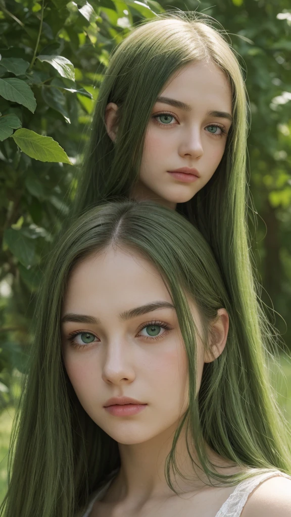 facial portrait. a girl. european. extremely detailed face. oval face. delicate features. deep sadness. half-closed eyes. green eyes. long, straight, very thick hair. green hair. arrogant expression. frontal. outdoors