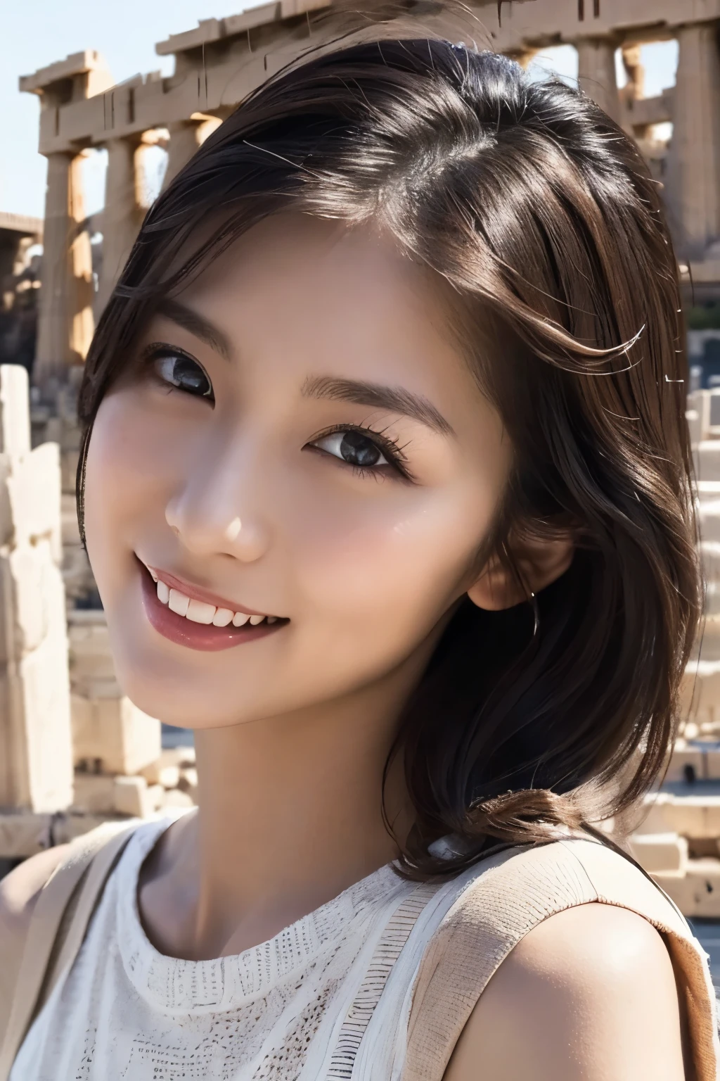 One Girl, (wear casual summer clothes:1.2), (Beautiful Japanese idol portrait photos), 
(RAW Photos, Highest quality), (Realistic, Realistic:1.4), masterpiece, 8K Portrait, 
Very delicate and beautiful, Very detailed, 2k wallpaper, wonderful, In detail, 
Very detailed CG unity 8k wallpaper, Very detailedな, High resolution, Soft Light, 
Beautiful detailed girl, Very detailed eyes and face, Beautiful and sophisticated nose, Beautiful details, 
(Commemorative photo with the Parthenon in the background:1.3), Cinema Lighting, 
Perfect Anatomy, Slender body, Small breasts, Medium Hair, Dynamic Angle, A light smile,