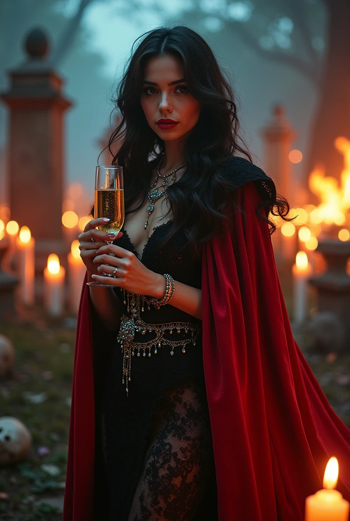 beautiful woman, glitter dress, red and black cape, glass of champagne, candles, cemetery, fire, calaveras, whole body, necklaces, 