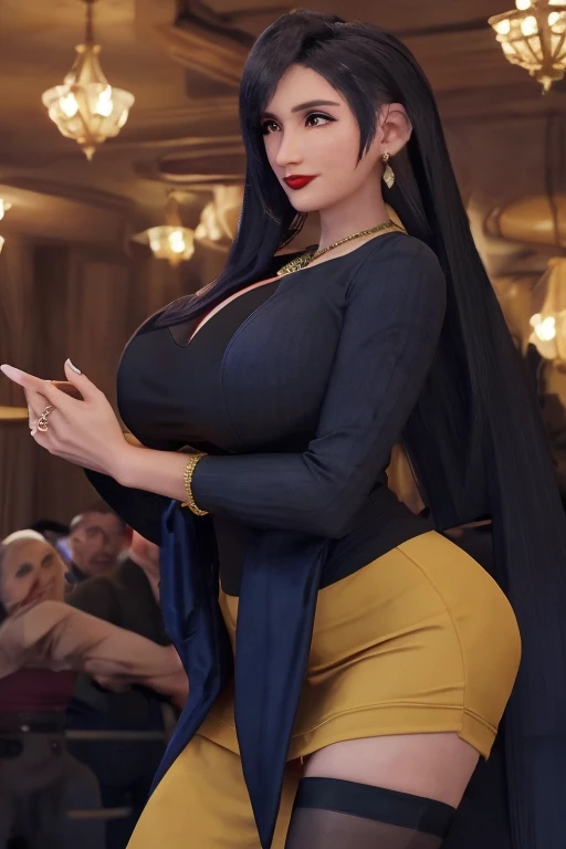 Tifa lockhart, implated Big breast, long sleeve thin yellow  dress that show body curve with a cleavage,Game,1girl,Jewel ring,Gold chained round shape necklace,Hoopa earring,Bracelet,Red lips,(Dark blue eyeshadow),Big cleavage,hair bun,Beehive Bun style ,black hair,Look at us,Curvy,Unnatural big breast,Cleavage,black color long nail,Swaying hip,Head to waist view,eyes on us,Sculpted calves figure,Thick tights,Wide hips,very big cleavage,Enchanced big breast,((Diamond wedding ring)),Aristoticat ring, Detailed eyes,Busty,don corneo mansion,Madam tifa,View from front,dangerous cleavage,semi sweetheart cleavage,Solo,looking at you