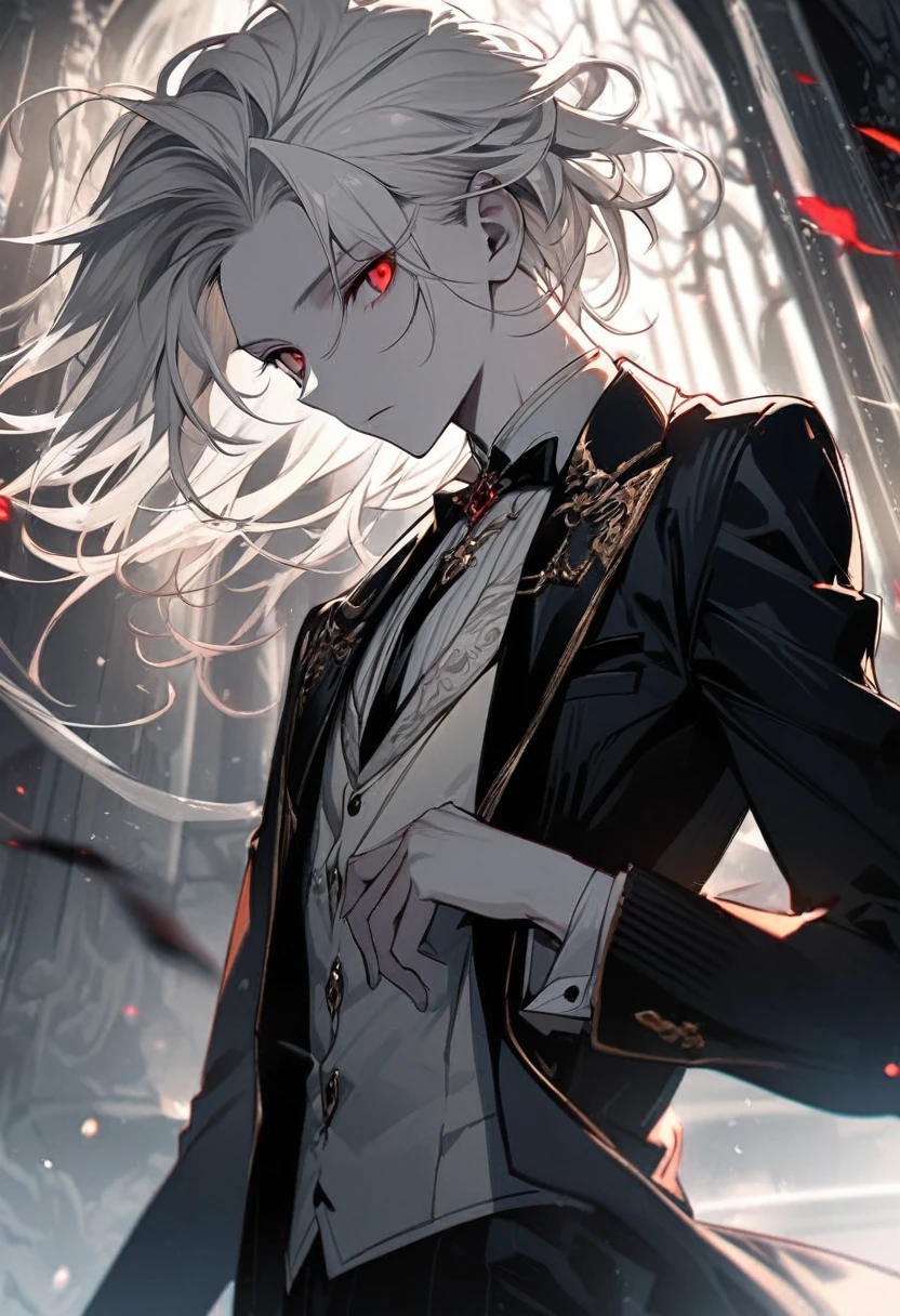 excellent quality, delicate and detailed, fine details, illustration beautiful 

white hair, short hairstyle, longer lock of hair on the right side, red eyes, adult, 20 years old, alone, expressionless, slender, pale skin, (attractive), cute, (naughty aura), dynamic poses, gentleman, handsome, global view. Boy, man.