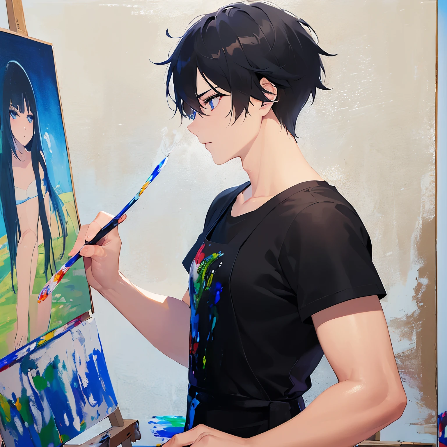 (painting on canvas:1.5)、(25-year-old male:1.3) and (Black short hair) and (blue eyes), ,Side shot、profile、upper body、
shiny skin, masterpiece、Highest quality、
(black T shirts)、apron、canvas、
Serious,Art Room