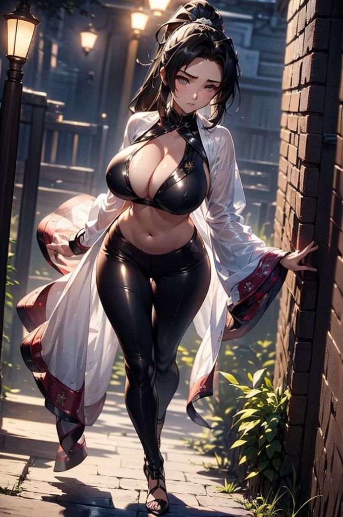 (((beautiful))), (((Leather suit, One Woman, Walking, full body))), ((Black Hair, Long Hair, ponytail, hair ornaments)), Large Breasts, Huge Saggy Tits, Cleavage, belly button, Glowing Skin, Sweat, (((Intricate details))), High resolution, ((Intricate details, Ultra-detailed)), from front, cowboy shot, (looking at viewer, look at viewer), Red cheeks, painful, depressed, night,