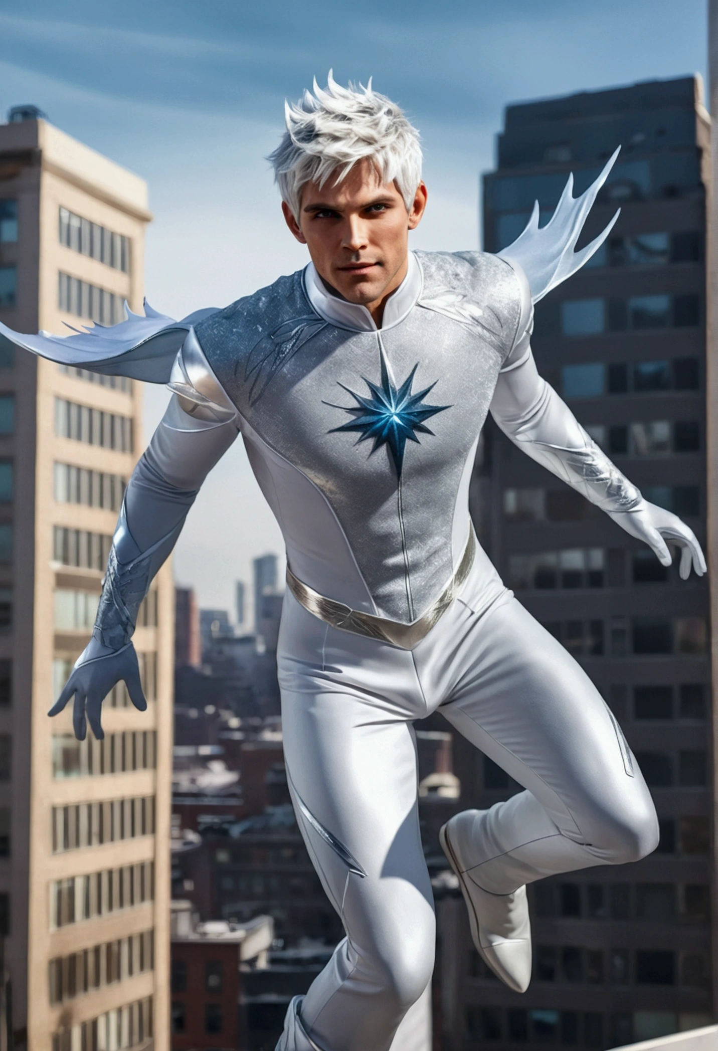 FULL BODY photorealistic white haired handsome hunky adult Jack Frost wearing a white and silver hero suit, flying around the City