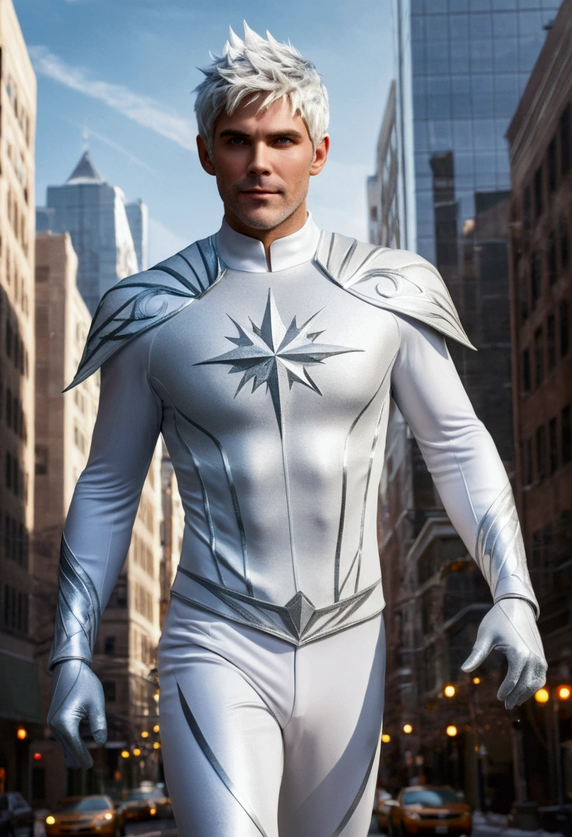 FULL BODY photorealistic white haired handsome hunky adult Jack Frost wearing a white and silver hero suit, flying around the City