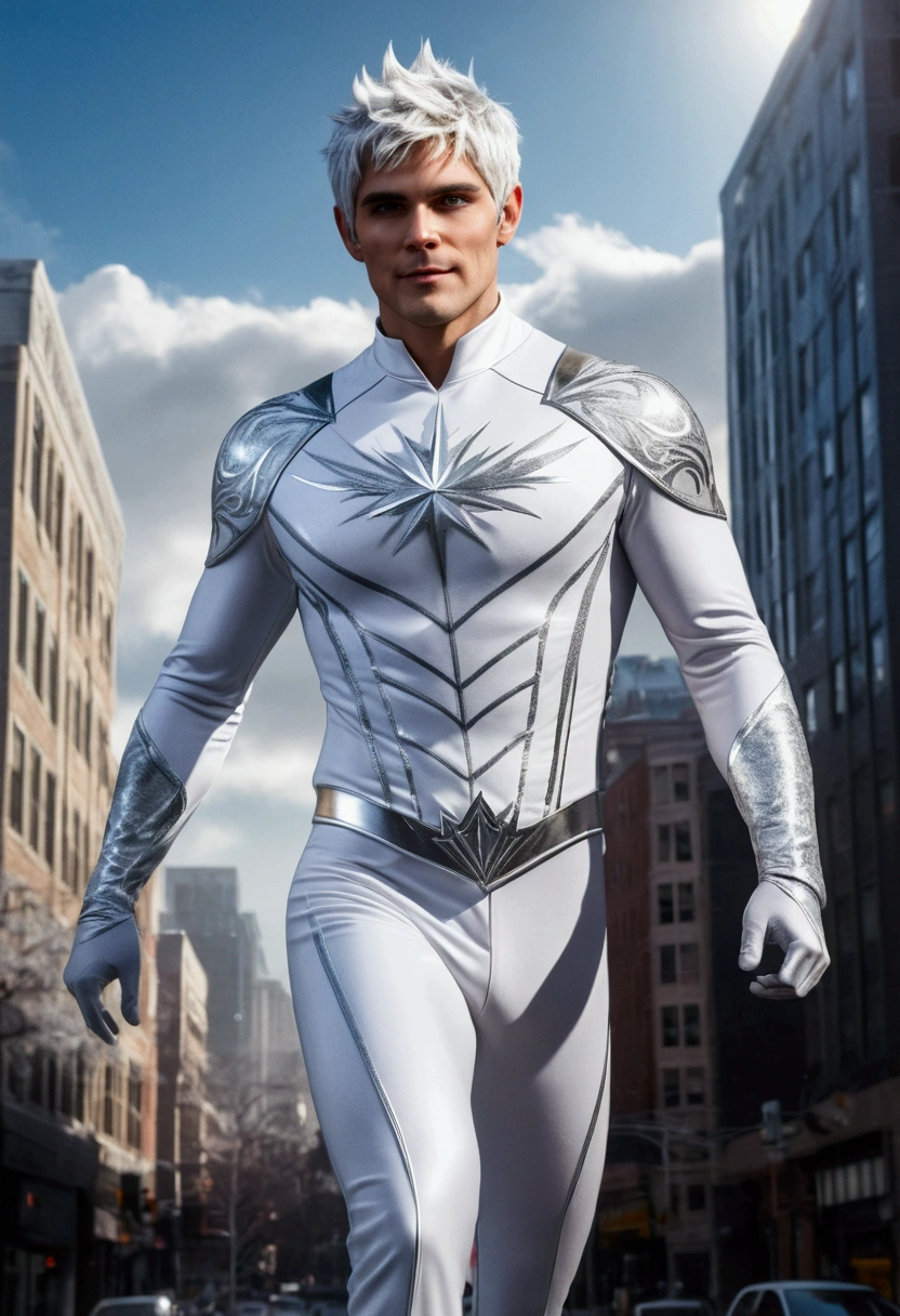 FULL BODY photorealistic white haired handsome hunky  adult Jack Frost wearing a white and silver hero suit, flying around the City 
