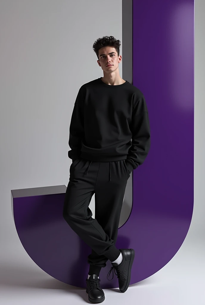 Command : A 20 year old boy with dark hair, dressed in a casual outfit including a black sweatshirt, jogger pants, and sneakers. The person is leaning against a large purple glossy letter 'J, which is Black with white accents. The overall color scheme is minimalistic, focusing on shades of black and grey. The scene has a modern and clean aesthetic, with soft darks and subtle shadows.