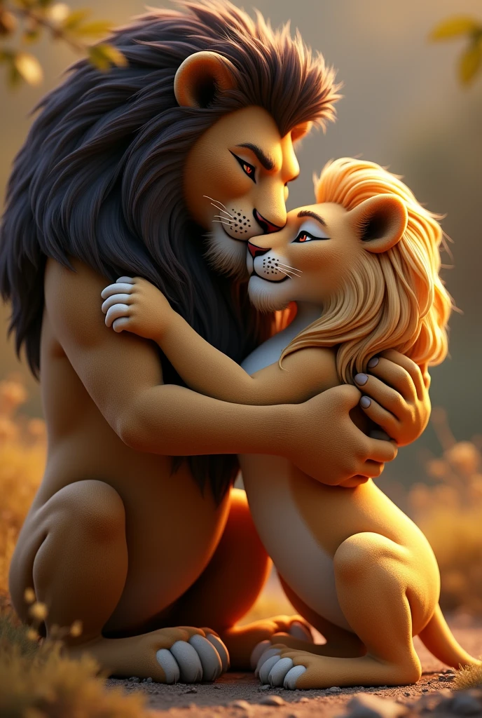 A lion and a lioness in love hugging each other 3d the male with dark skin and the female with blonde hair