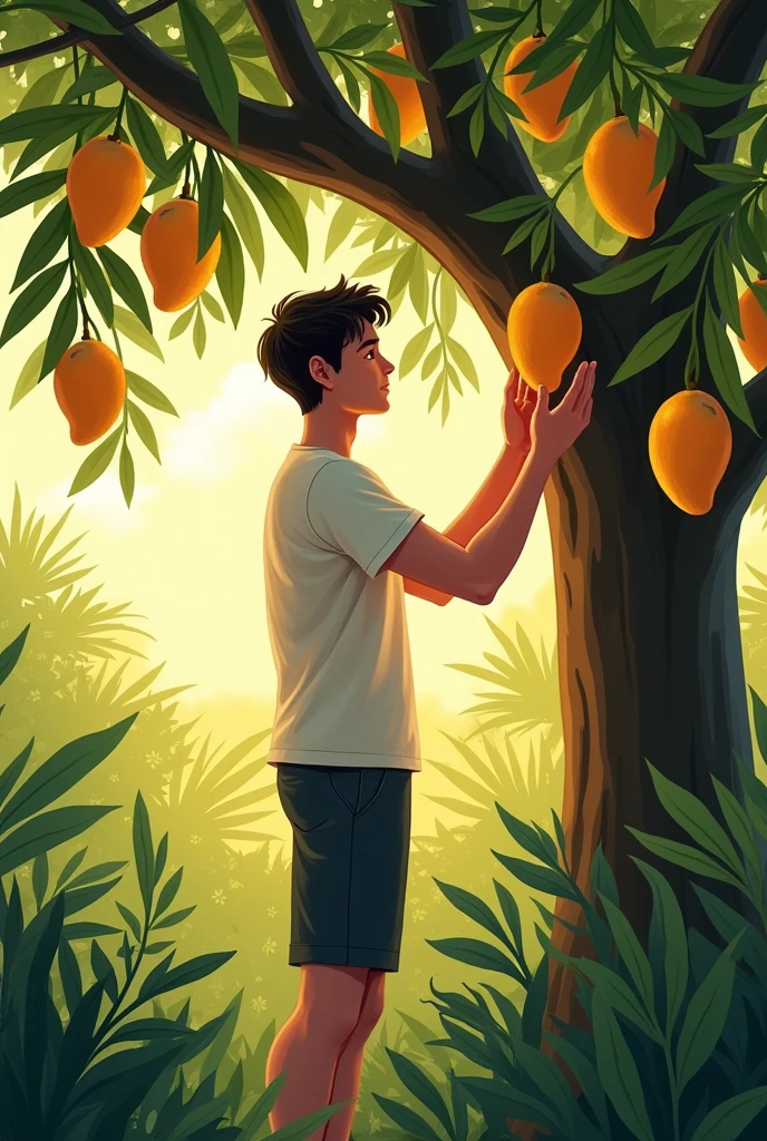 A 20-year-old boy plucks mangoes from a mango tree