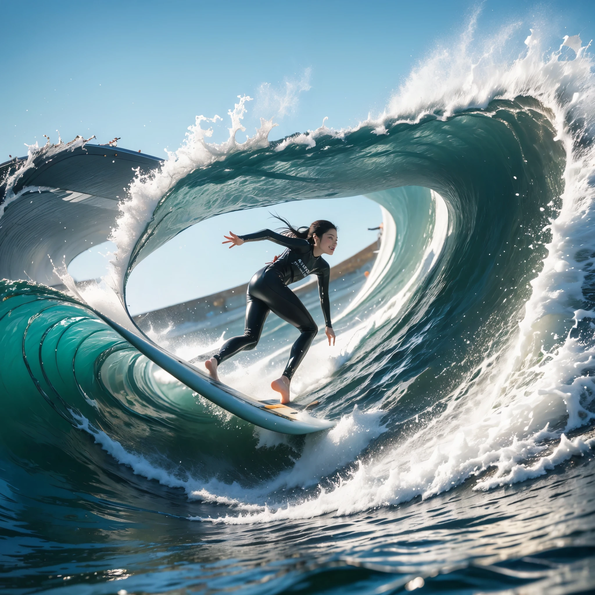 (Luminism:1.28), Back view、(TopQuality 8K Masterpiece:1.2) (ProfessionalPHOTO:1.37) Extremely Detailed (A girl standing on a surfboard riding a wave:1.4), (Colorful morning glory)、(Crouching and balancing on a large surfboard.:1.28)、Surfing on waves、(There is Only one surfboard under her feet:1.3) Splashing water Particles、Sparkling waves 、Wet Hair、(Super hourglass body type)、Dynamic motion blur, Perfect Hand、(Surfing Photos:1.4)、Extreme Sports Photography, action pose