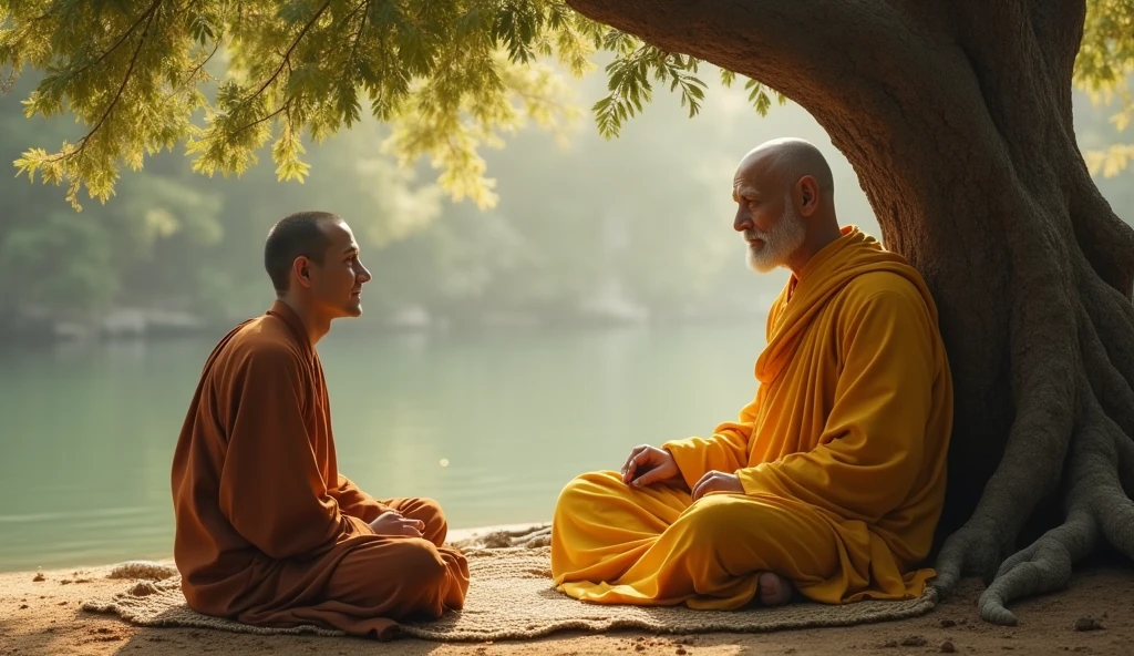 An old Buddhist monk, with male disciple, meditating in the forest, near a beautiful woman with a smile on her face, she kneels near them, an image, realistic, cinematic, 4k