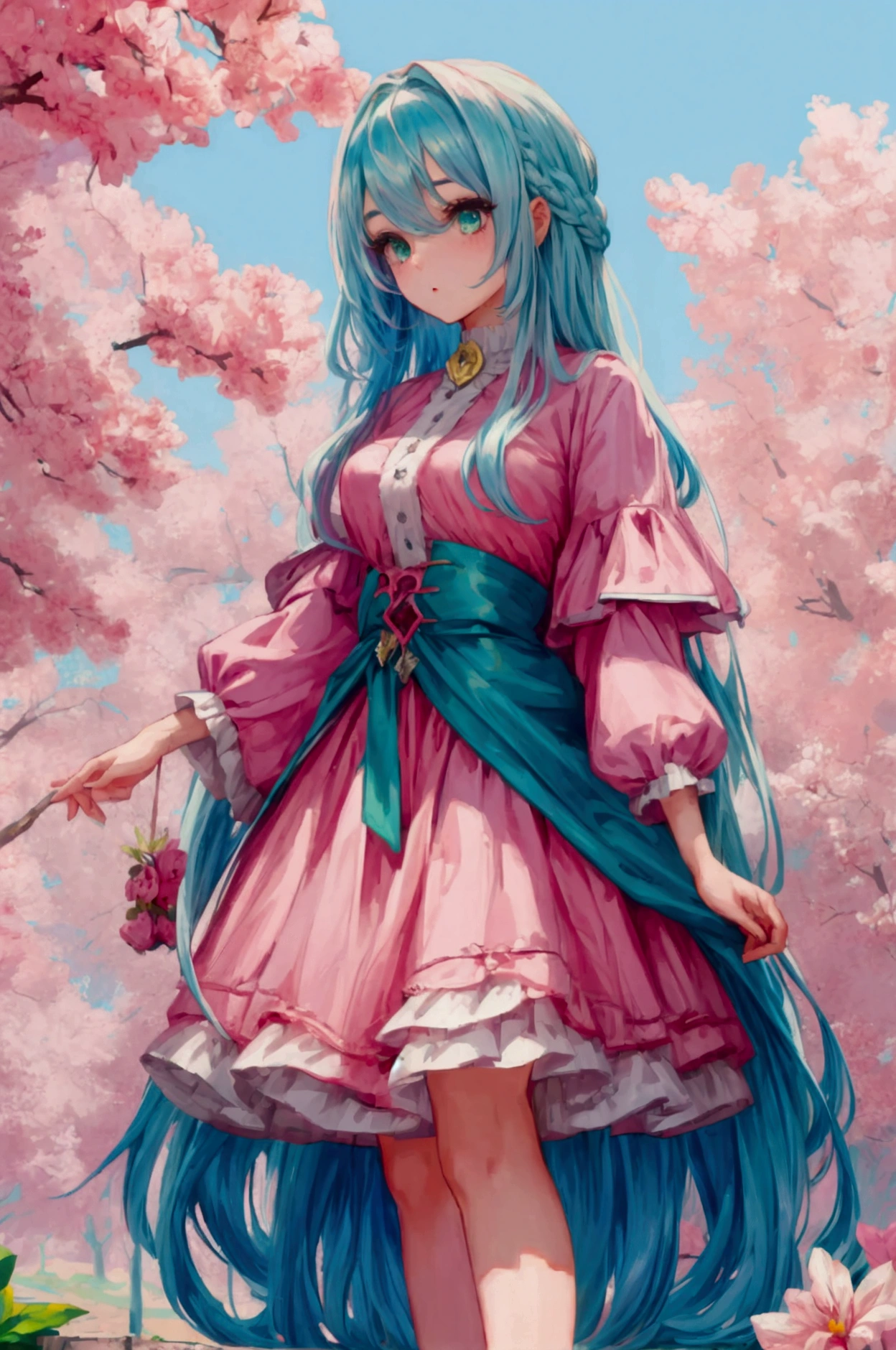 Masterpiece, high quality, pixel art, 1girl, sky blue hair, green eyes, pink dress, long hair