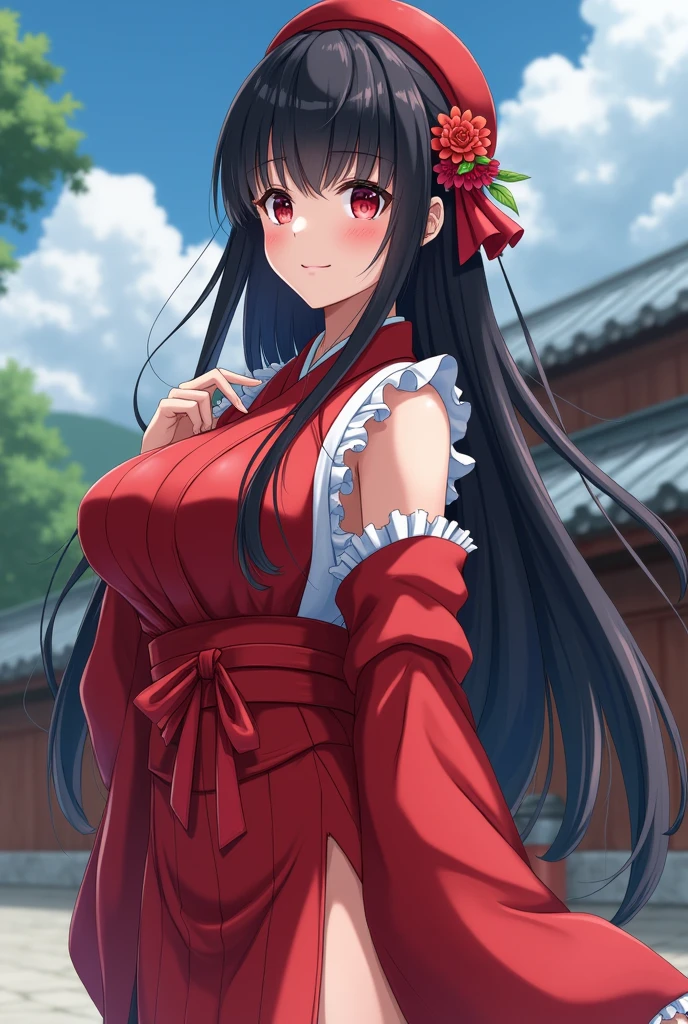masterpiece, Highest quality, Absurd, Perfect Anatomy, unity 8k wallpaper,Best Anime,Dynamic Angle、Action pose:Disconnect Action、Cowboy Shot,20 year old beauty、Boa Hancock,Black Hair,Long Hair,Center parted bangs,Slender body,((Big Breasts)),Turn your body to the viewer..、waitress,plain red kimono、Red slit skirt、Outdoor、Japanese Castle、Realistic、Real