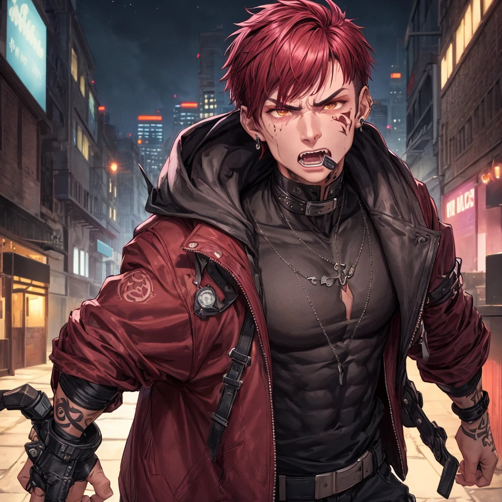 arcane style, (1 man), handsome, cropped hooded jacket, dark red jacket with black details, tattoo on arm, asymmetrical bangs, band-aid, short hair (shaved on one side), bangs freckles, light brown eyes, muscular man, looking at viewer, tattoo on neck, piercing in nose, pink hair, scar, scar on face, solo, tattoo on face, detailed background, city, alley, dark alley, night, angry, close-up, mouth closed, , ((masterpiece)), masculine face,