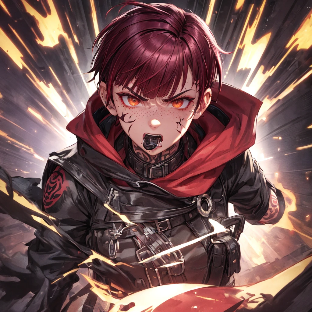 arcane style, (1 man), handsome, cropped hooded jacket, dark red jacket with black details, tattoo on arm, asymmetrical bangs, band-aid, short hair (shaved on one side), bangs freckles, light brown eyes, muscular man, looking at viewer, tattoo on neck, piercing in nose, pink hair, scar, scar on face, solo, tattoo on face, detailed background, city, alley, dark alley, night, angry, close-up, mouth closed, , ((masterpiece)), masculine face,