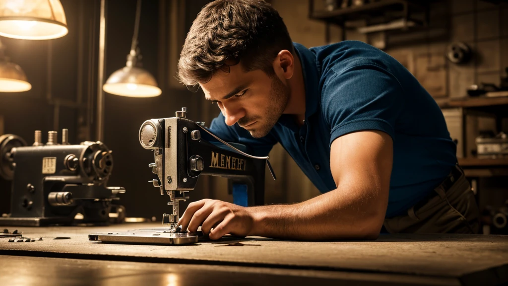 a mechanic repairing a sewing machine, extremely detailed close-up, intricate machinery components, metal, gears, screws, tools, warm lighting, photorealistic, dynamic angle, cinematic lighting, cinematic composition, (best quality,4k,8k,highres,masterpiece:1.2),ultra-detailed,(realistic,photorealistic,photo-realistic:1.37)