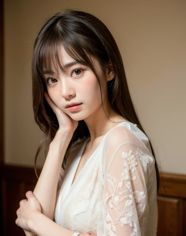 Highest quality, Face Focus, Soft Light, Ultra-high resolution, (Realistic:1.4), RAW Photos,
1 Japanese girl, alone, cute, (pupil, Light in your eyes), Beautiful face in every detail, (Small box),(High resolution detail of human skin texture),
(Long Hair),
indoor,
Damask Shirt Dress,
(Portraiture)
