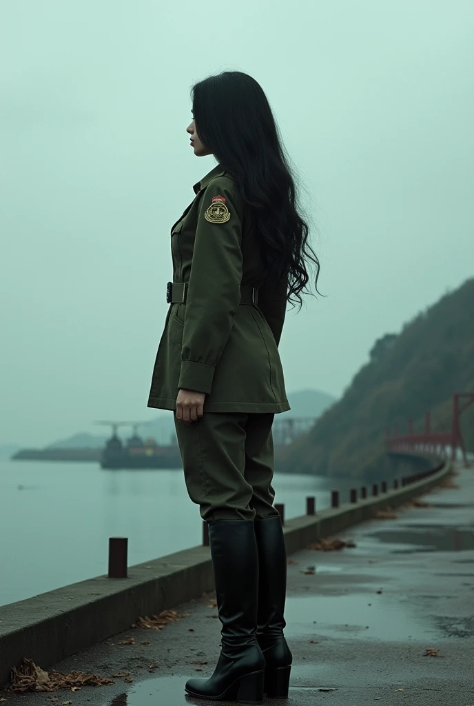 full-body shot片，Film Style，A 30-year-old woman with long black hair wearing military uniform.,Boots， trousers，high-heel boots，full-body shot，side，War Background，seaside，Soviet style，Iron bridge,Helicopters，Dark clouds sky，Science Fiction, dark mood, full-body shot片，War atmosphere，Excellent detail