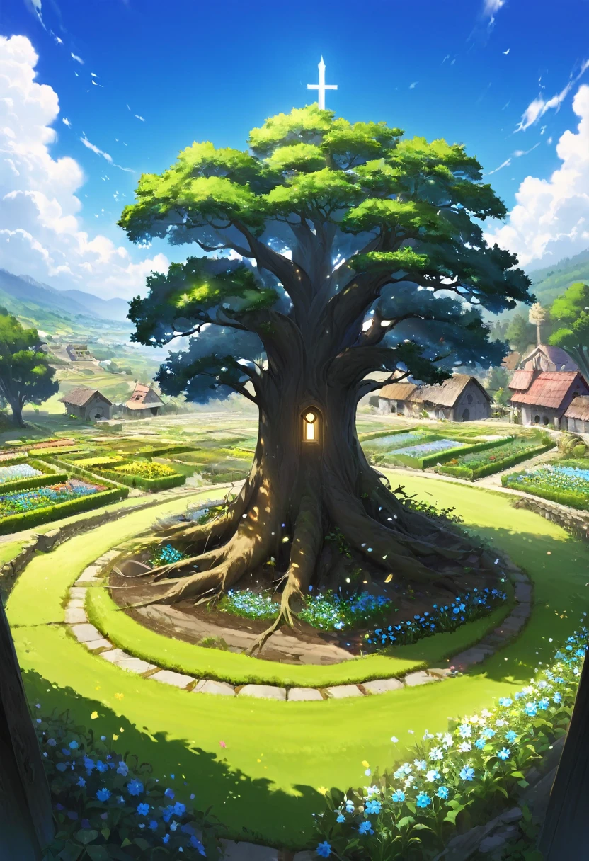 Large sacred tree in the background, sacred golem trapped in the tree between its roots, (dreamy landscape), abandoned village, field of flowers, Garden, Raby, blue sky

