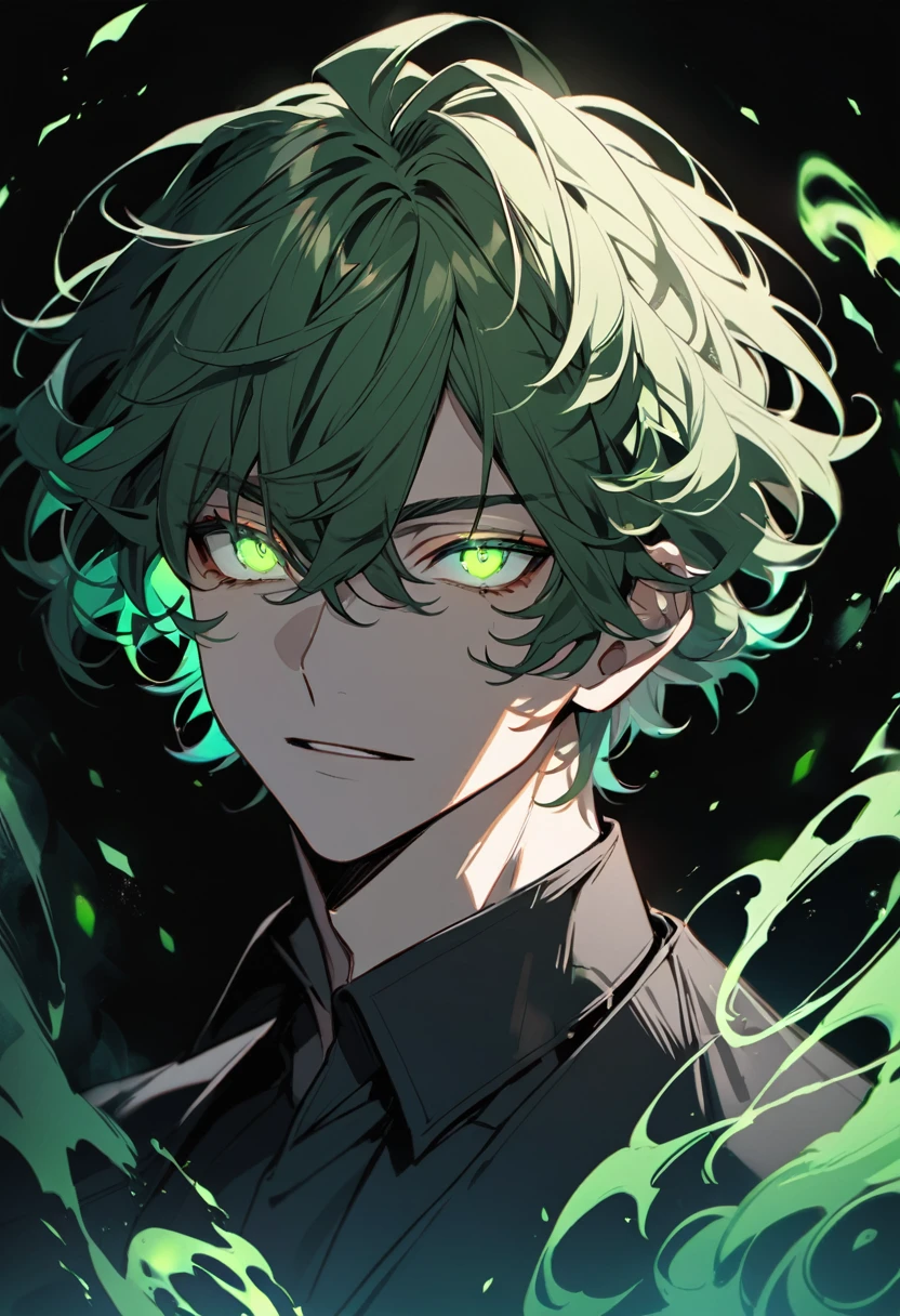 male, solo, handsome, green eyes, green hair, short hair, curly hair,  dark green aura, glowing eyes, beautiful eyes, dark backround