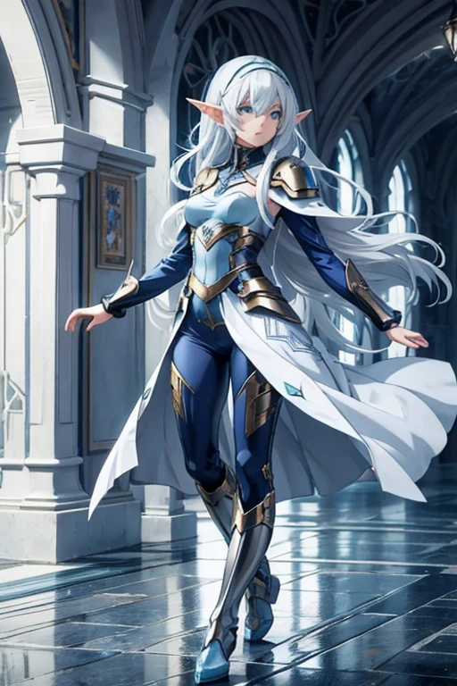 Professor Elowen Mistralight, a 25-year-old elf woman, medium height and delicate elf with silver hair, mysterious and penetrating light blue eyes, He wears a robe with patterns of wind and water, tight light blue fabric pants, long, with navy blue riding boots, the boots reach the knee, a magic wand and castle background, anime style. Individual image of her in full body. He is in action pose. Has one leg raised with the knee bent, His mouth is slightly open as if he had exercised a lot.. He has light skin. She has her hair down and blowing in the wind.. feminine and sexy body.