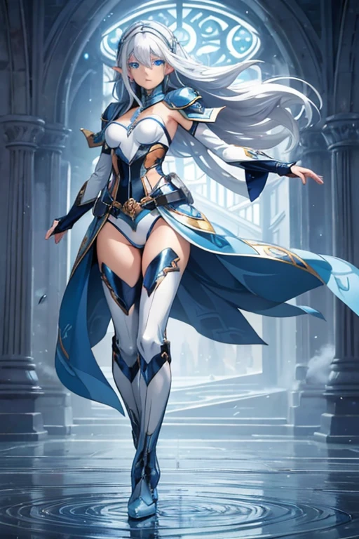 Professor Elowen Mistralight, a 25-year-old elf woman, medium height and delicate elf with silver hair, mysterious and penetrating light blue eyes, He wears a robe with patterns of wind and water, tight light blue fabric pants, long, with navy blue riding boots, the boots reach the knee, a magic wand and castle background, anime style. Individual image of her in full body. He is in action pose. Has one leg raised with the knee bent, His mouth is slightly open as if he had exercised a lot.. He has light skin. She has her hair down and blowing in the wind.. feminine and sexy body.