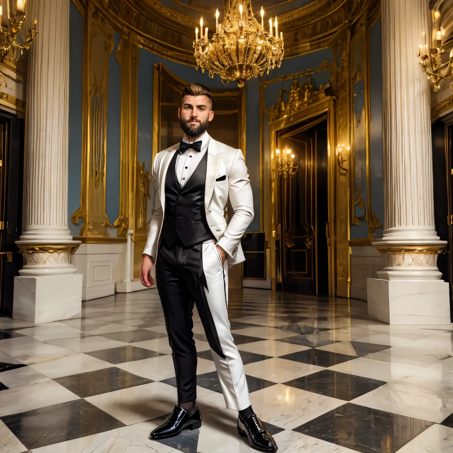 full view, full body, one over-muscular over-bodybuilded handsome white european guy with light-brown undercut haircut, very thin beard, ,no moustache, wearing white lycra full-suit looking like a tuxedo with black bow tie, black silky lycra socks and black patent shoes, golden rings, waiting standing in the hall of luxurious palace hotel in Paris, shoes and black socks must be seen