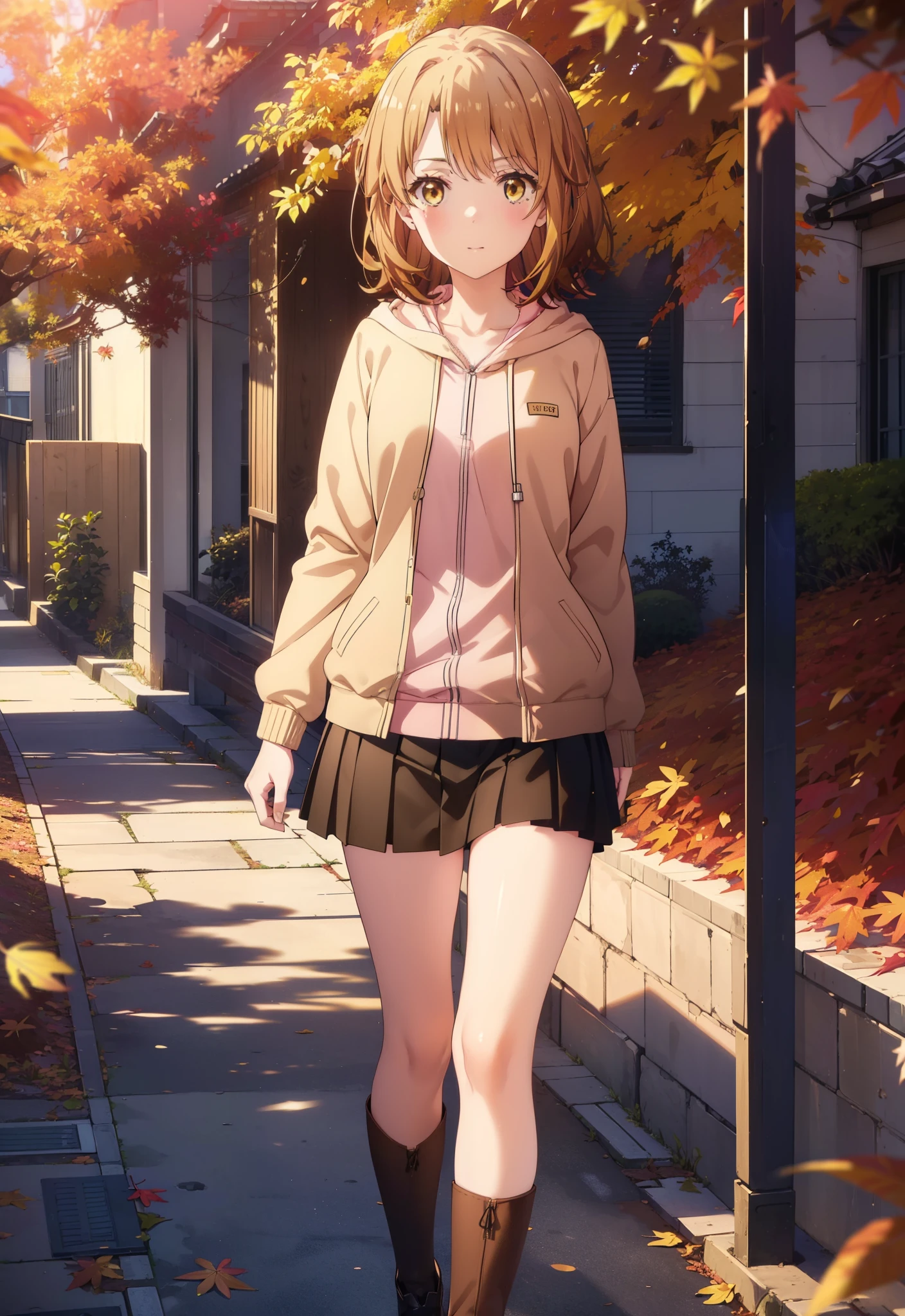 Irohaisshiki, isshiki iroha, short hair, Brown Hair, (Brown eyes:1.5), smile,blush,Open your mouth,Pink oversized hoodie,mini skirt,Black tights short boots,Flower Hair Ornaments,autumn leaves,autumn leavesが散っている,Walking,moonlight,night,whole bodyがイラストに入るように、
break outdoors, garden,
break looking at viewer,whole body,
break (masterpiece:1.2), Highest quality, High resolution, unity 8k wallpaper, (figure:0.8), (Beautiful attention to detail:1.6), Highly detailed face, Perfect lighting, Highly detailed CG, (Perfect hands, Perfect Anatomy),