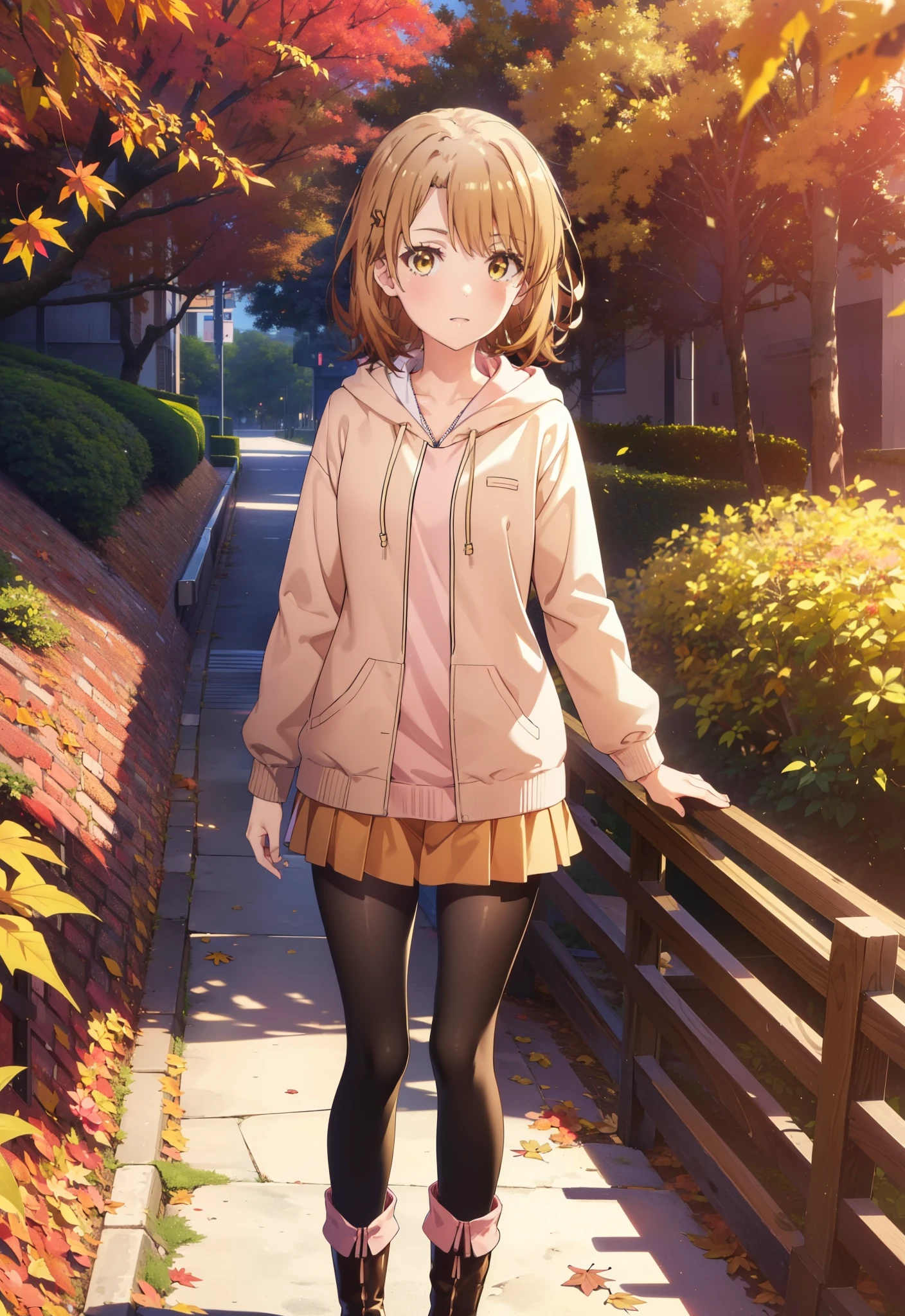 Irohaisshiki, isshiki iroha, short hair, Brown Hair, (Brown eyes:1.5), smile,blush,Open your mouth,Pink oversized hoodie,mini skirt,Black tights short boots,Flower Hair Ornaments,autumn leaves,autumn leavesが散っている,Walking,moonlight,night,whole bodyがイラストに入るように、
break outdoors, garden,
break looking at viewer,whole body,
break (masterpiece:1.2), Highest quality, High resolution, unity 8k wallpaper, (figure:0.8), (Beautiful attention to detail:1.6), Highly detailed face, Perfect lighting, Highly detailed CG, (Perfect hands, Perfect Anatomy),