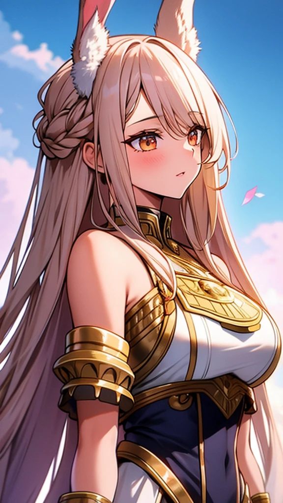 Create an ultra-detailed, photorealistic illustration of a 30 years old strong queen bunny girl with very long, braided hair. Her hair should be flowing and intricate, with a neutral tan skin color. She is adorned in purplish armor that is both elegant and robust, reflecting her strength and royal status. The armor features delicate engravings and gemstones that catch the light, adding to its majesty. Her ears are tall and expressive, complementing her regal appearance. The background should be an enchanting, mystical landscape with a hint of magical elements, enhancing the overall scene's fantasy feel. Use vibrant colors and dynamic lighting to emphasize her powerful and commanding presence.
