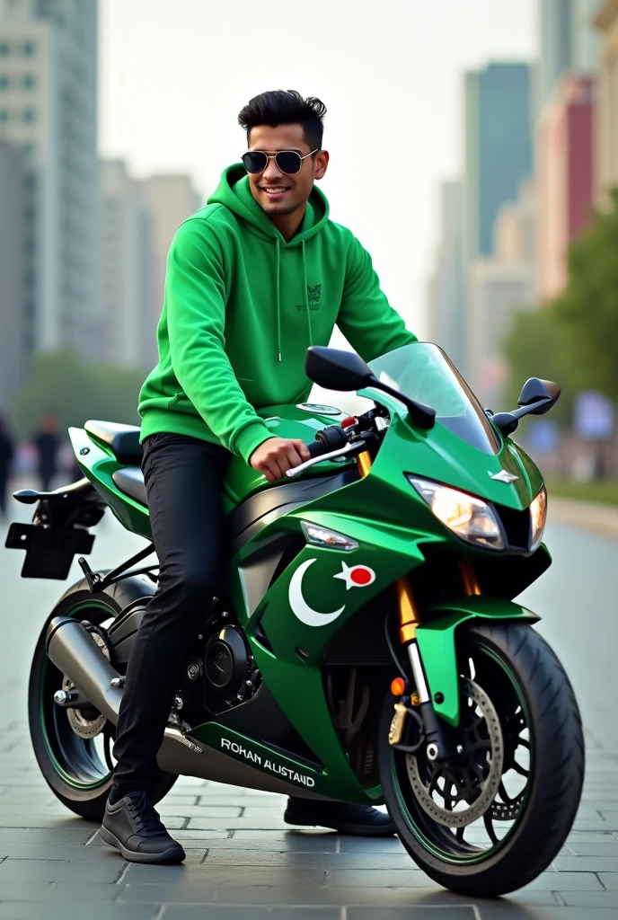 Create 3D illusion for a profile picture where a 23-Year-old cute boy in a GREEN hoodie in front write name Rohan Alistand beside casually on a Pakistani Colored Green and white GSX-R1000, Wearing black sneakers, and sunglasses, he looke ahead with Pakistani flag in his bike, The background features is city
