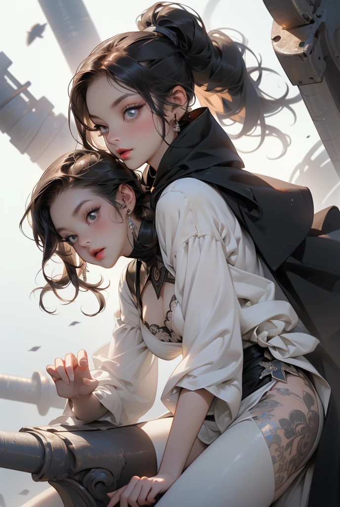 (((masterpiece, of the highest quality, super detailed))), (digital art), (a witch belonging to an occult order of knights), (a knight crossed with a witch), Victorian era inspired, ((minimal but intricate beautiful armour)), (Fluttering lace flared dress with frilly petticoats), ((Bloodbourne inspired)), ((nier automata inspired)), (big forhead:1.2), (((dark hair, long ponytail, thick ponytail, heavy ponytail))), (((Very sharp focused eyes))), ((small breasts)), very long eyelashes, occult aesthetic, (red and white clothing detailed and intricate steampunk and detailed gothic), (with a hood), complex lace boots,
