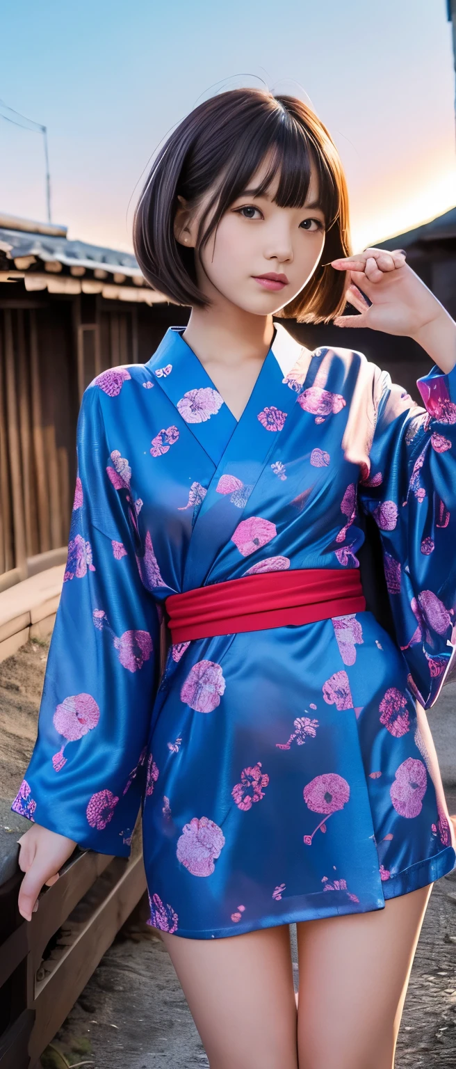 Cute Teen Idol Girl、whole body、Good style、、、、、、、、、、Thick legs、Skull Print Kimono Dress（Shiny Red）、Cool girl face、、、Bobcut、Japanese village with the moon rising、Fierce blue flames