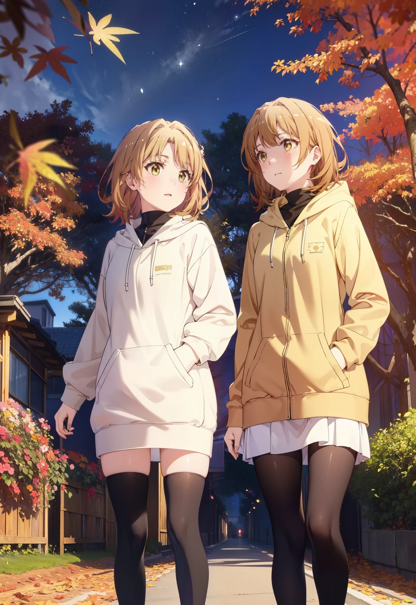 Irohaisshiki, isshiki iroha, short hair, Brown Hair, (Brown eyes:1.5), smile,blush,Open your mouth,Pink oversized hoodie,mini skirt,Black tights short boots,Flower Hair Ornaments,autumn leaves,autumn leavesが散っている,Walking,moonlight,night,whole bodyがイラストに入るように、
break outdoors, garden,
break looking at viewer,whole body,
break (masterpiece:1.2), Highest quality, High resolution, unity 8k wallpaper, (figure:0.8), (Beautiful attention to detail:1.6), Highly detailed face, Perfect lighting, Highly detailed CG, (Perfect hands, Perfect Anatomy),
