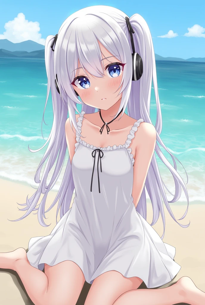 ((Highest quality, 8k, masterpiece:1.3)), Detailed eyes, (View from the front), Looking into the camera, ((Everything is Shining、Reflect light:1.2)), (Optimal ratio: Four fingers, One thumb), (Portraiture), (((ワンピース uta))), 1 girl, Cute Face, Tilt your head, Half Body Shot, Sitting, blush, seiza, Mischievous face, (((Place your arms behind your back))), Confused, Outdoor, Beach, Expressive eyes, Perfect Face, dress, uta, Long Hair, white dress, Headphones, ribbon, Mid-chest, neck ribbon, Split Color Hair, Hair on one eye, Twin tails, Hair Ring, black ribbon,