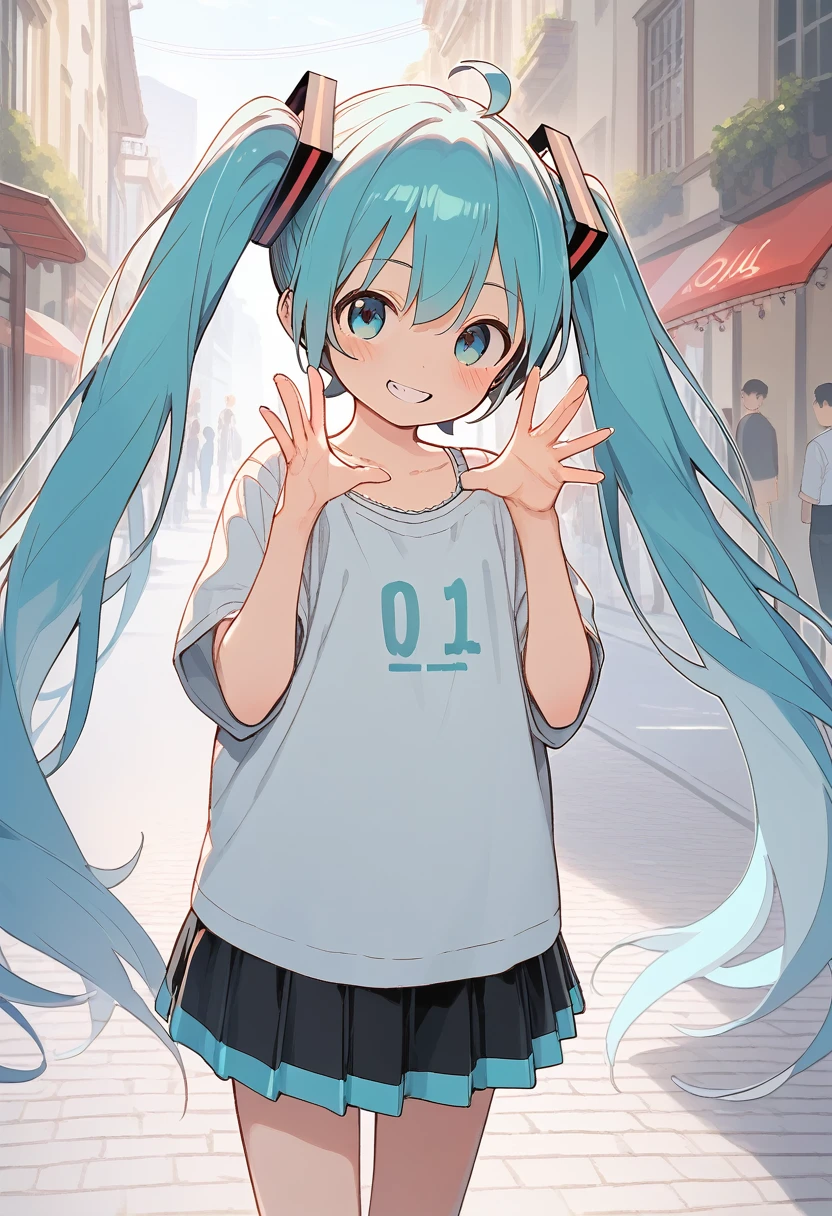(uncensored), score_9, score_8_up, score_7_up,source_anime, high quality, exceptional, best quality, perfect hand, (child:1.4), {{{{{flat colore}}}}},street background, best quality, detailed face and eyes, 1 , js, age down, casual fashion, blouse, (lift skirt), cute pose, smile, blue hair, aqua hair. elaborately designed clothes.
(white outline:1.2). focus face.
(loli:1.5), (realistic:1.2). smile. Anyway it's cute.
A masterpiece, a work of anime art. (anime style:1.3) A cute girl you've never seen before. simple. (8K:1.2). background., no panties, (line pussy), (hatsune miku), (blushed:1.2),(official art:1.5).