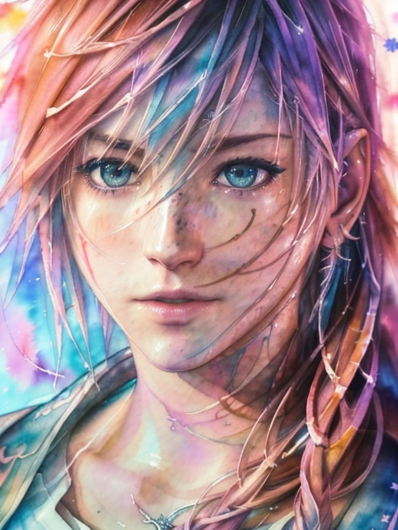 (((Agnes Cecile:1.3, watercolor))), breathtaking beauty, precise lineart, glowing design, ink drops, Final Fantasy XIII Character Lightning (Claire Farron) , centered, key visual, intricate, highly detailed, breathtaking beauty, precise lineart, vibrant, comprehensive cinematic, ((Carne Griffiths, Conrad Roset)), autumn lights, (the most beautiful portrait in the world:1.5)