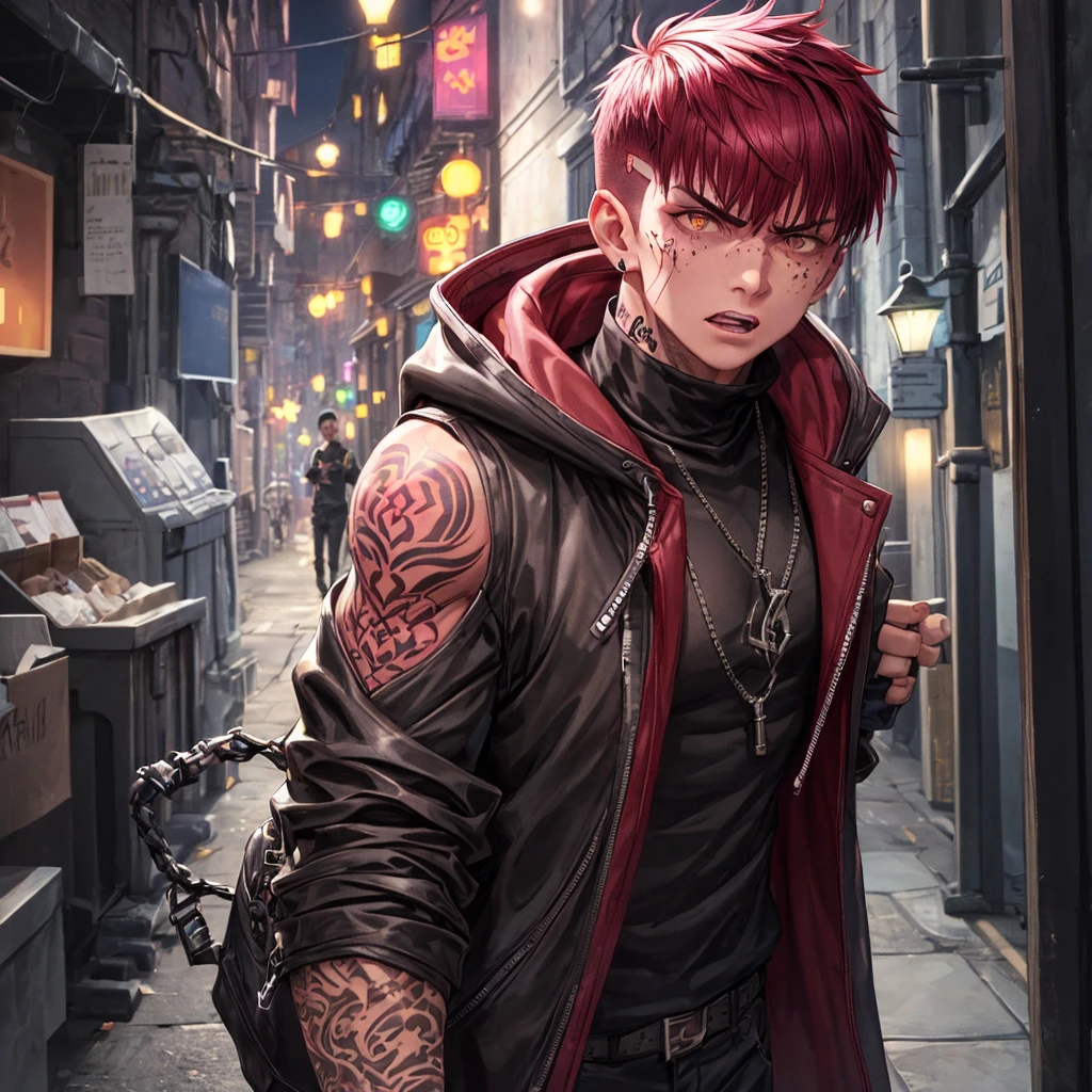 arcane style, (1 man), handsome, cropped hooded jacket, dark red jacket with black details, tattoo on arm, asymmetrical bangs, band-aid, short hair (shaved on one side), bangs freckles, light brown eyes, muscular man, looking at viewer, tattoo on neck, piercing in nose, pink hair, scar, scar on face, solo, tattoo on face, detailed background, city, alley, dark alley, night, angry, close-up, mouth closed, , ((masterpiece)), masculine face,