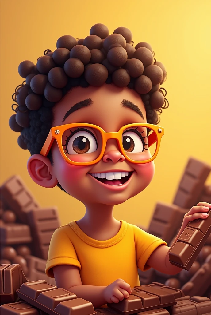 Cartoon of a brown-skinned child with chocolate bars and orange glasses 