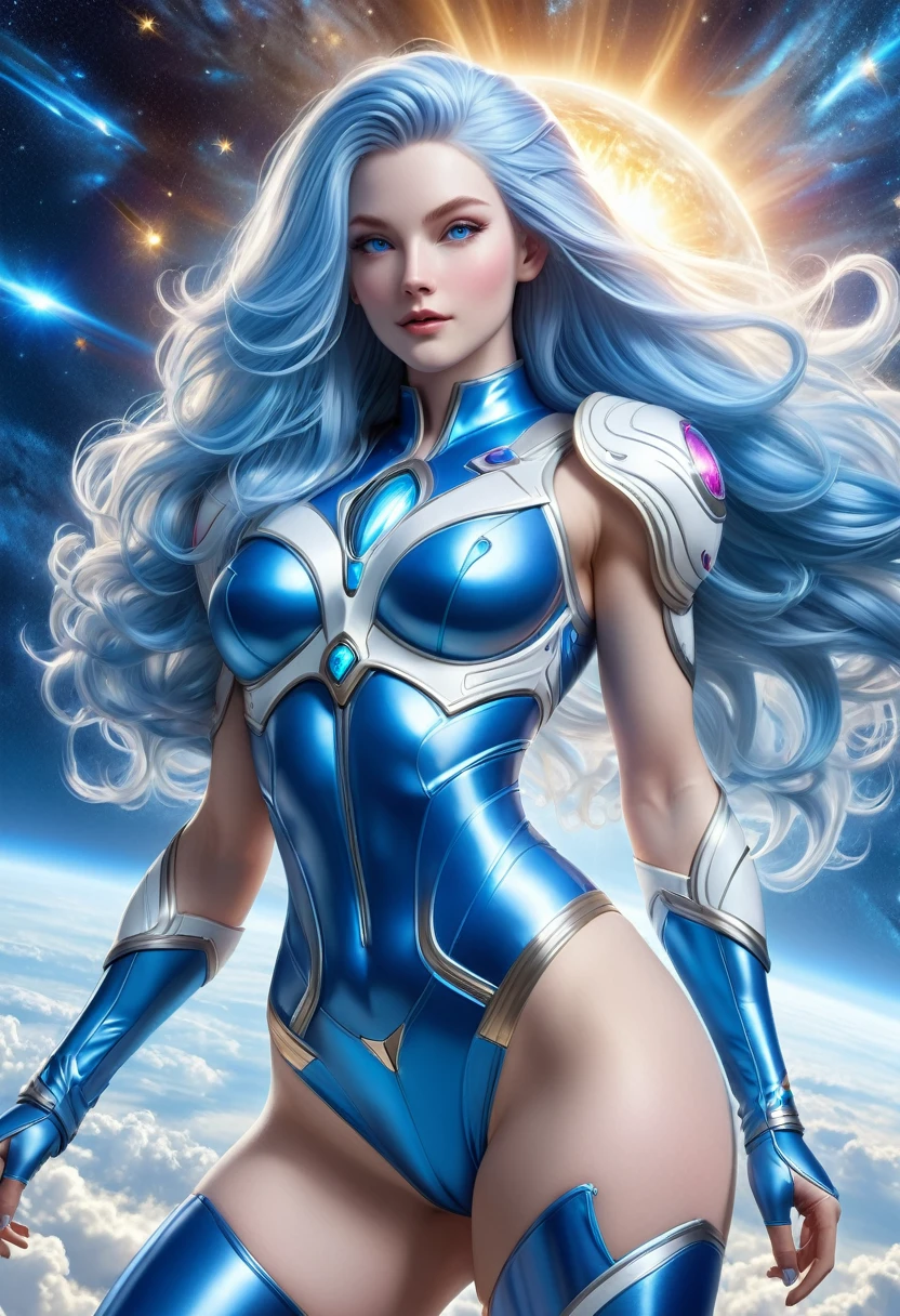 BOMBSHELL SHINING LIGHT BLUE HAIR VALKYRIE FLYING OUTERSPACE, PALE SKIN, LIGHT BLUE EYES, HIGH CHEEKBONES, ROSY CHEEKS, MENTAL FORAMEN, HUGE LONG HAIR,LIGHT BLUE THONG LEOTARD ARMOUR, WHITE DETAILS, LONG ROYAL BLUE GAUNTLETS, ATHLETIC CURVY BODY, EXPOSED ARMS, DETAILED QUADRICEPS, MUSCLES, BACK BODY VIEW, BLUE FLAT SHOES, FULL BODY PERSPECTIVE, SPRITE LIGHTINGS, OUTERSPACE, RAYS OS LIGHT, SUN, BACK LIGHTS, NIGHT SKY, ACCURATE IMAGE, MASTERPIECE.