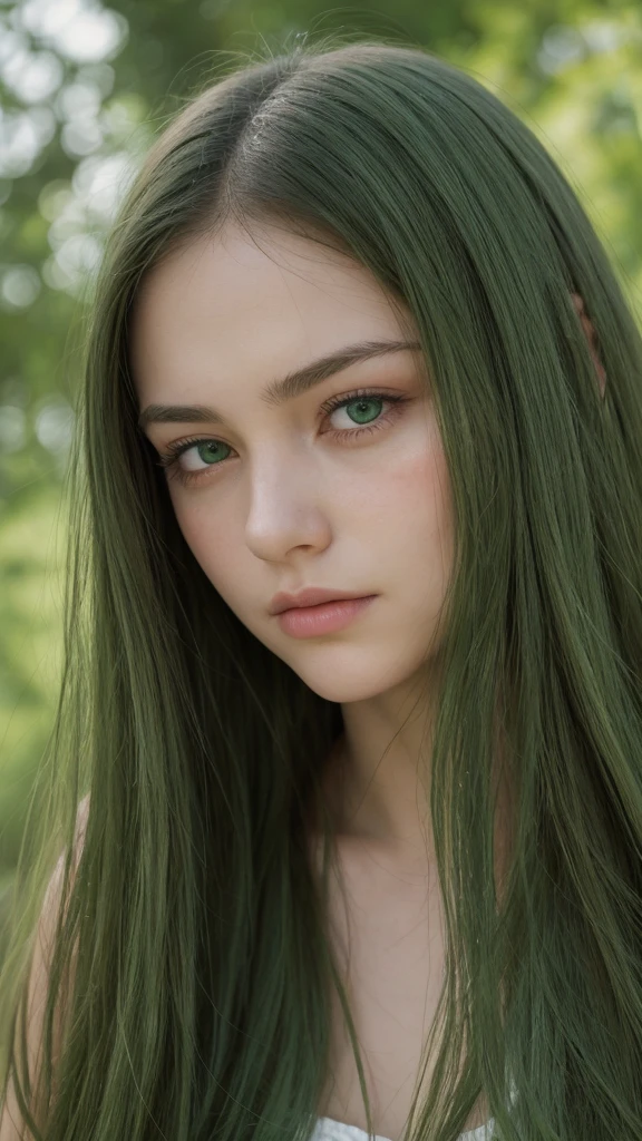 facial portrait. a girl. european. extremely detailed face. oval face. delicate features. deep sadness. half-closed eyes. green eyes. long, straight, very thick hair. green hair. arrogant expression. frontal. outdoors