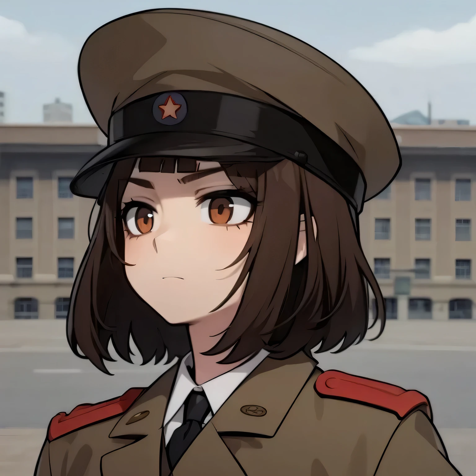 North Korea. square. city. anime style. Young woman. military uniform. Brown eyes. stern face. dark hair. short hair.